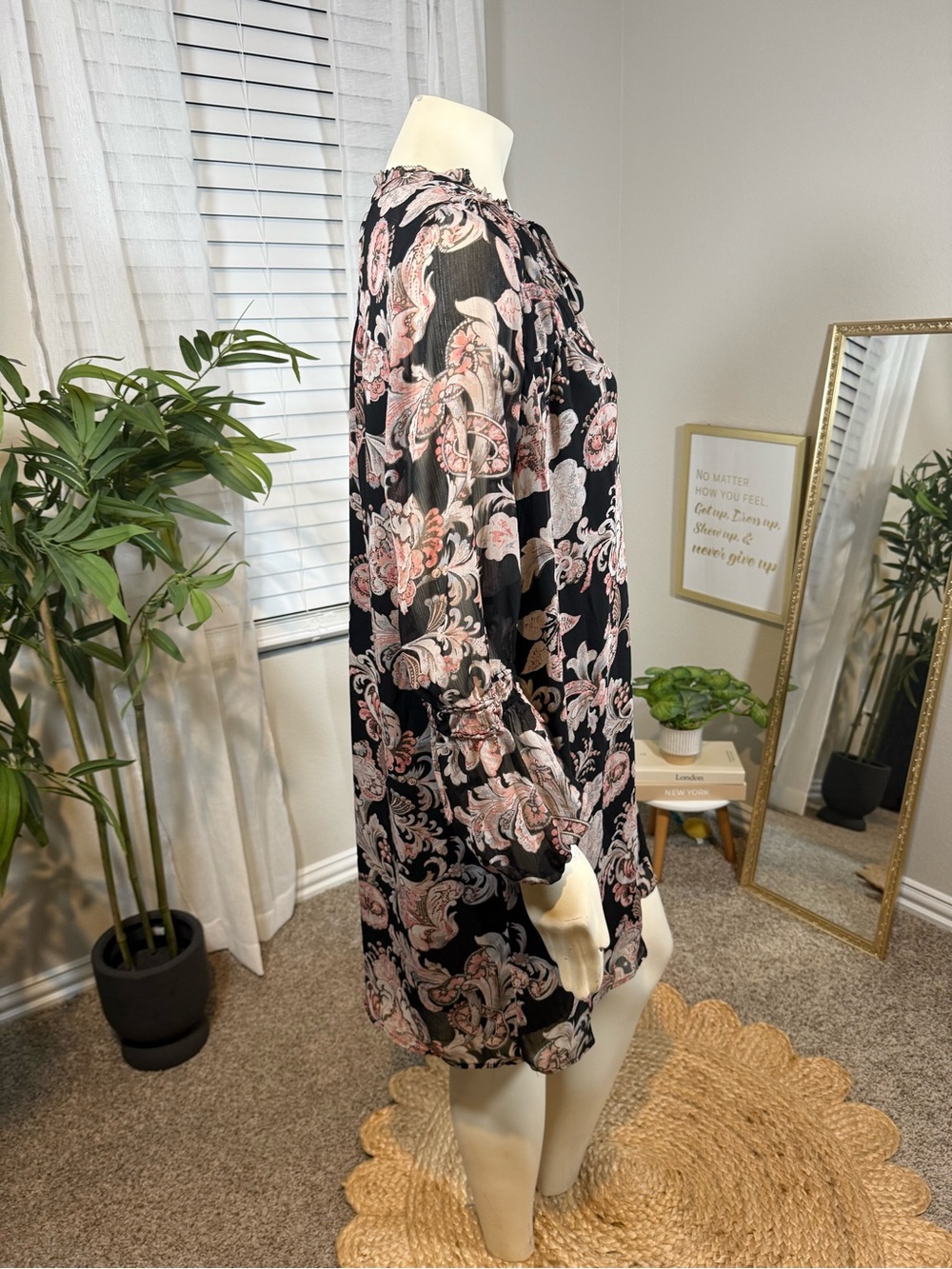LOFT Black Floral Paisley Pintuck Tie-Neck Mini Dress - Picture 2 of 9